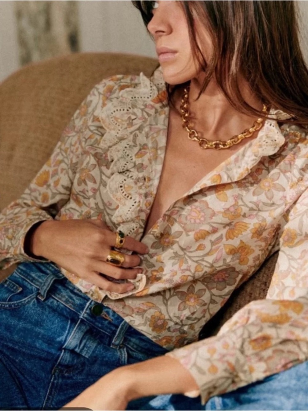 Sezane Chloe Ecru Floral Swiss Dot Blouse button-down Shirt 36 4